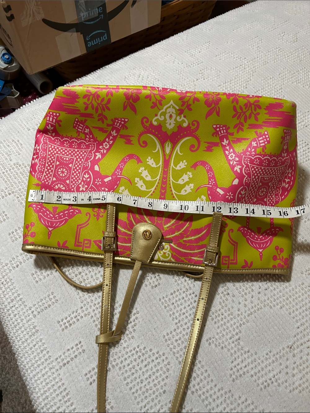 Spartina Tropical Elephant Tote Bag in Pink and Lime with wristlet - Picture 11 of 13